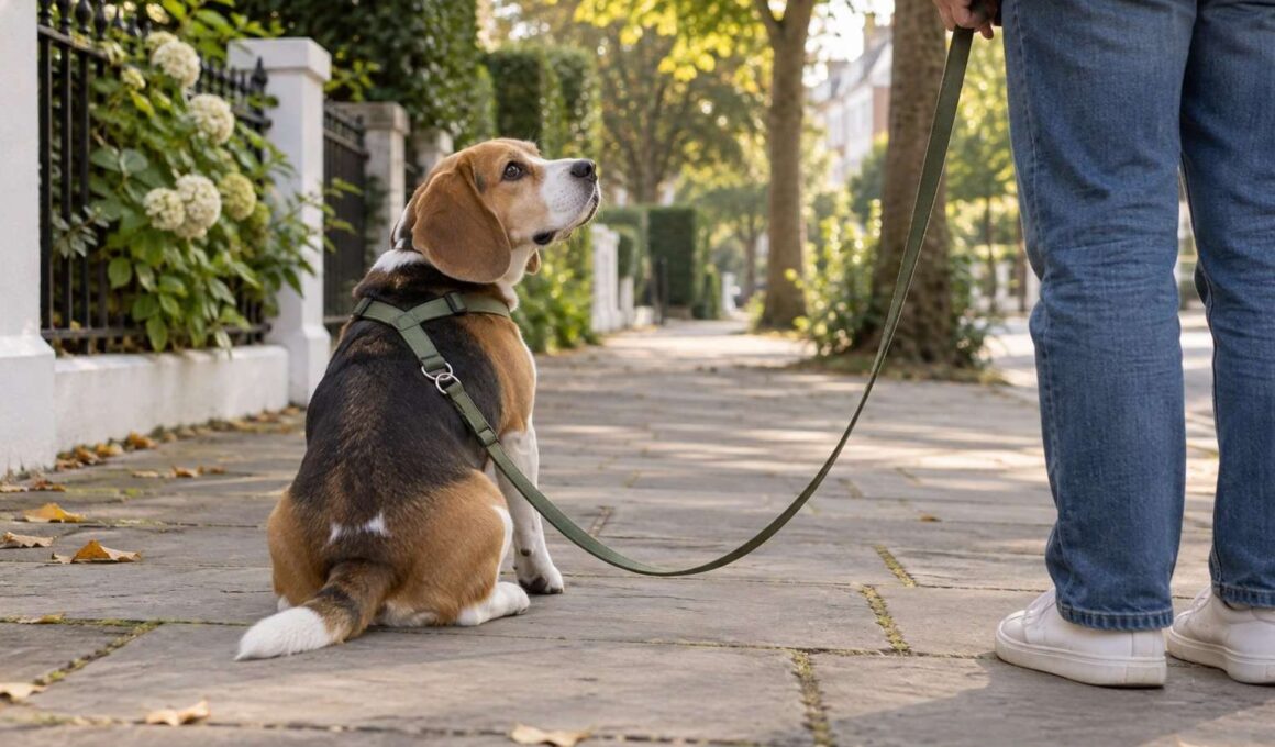 Beagle sentado en una acera junto a las piernas de su acompañante