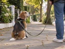 Beagle sentado en una acera junto a las piernas de su acompañante