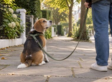 Beagle sentado en una acera junto a las piernas de su acompañante