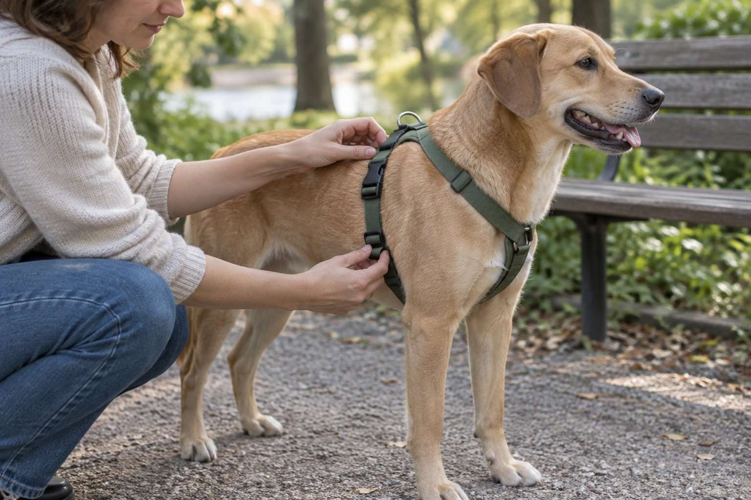 Persona que comprueba con suavidad el arnés de un perro