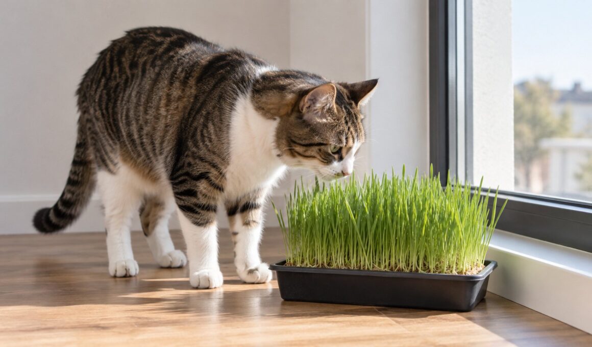 Gato doméstico adulto olfateando una bandeja estable de hierba de avena joven junto a una ventana