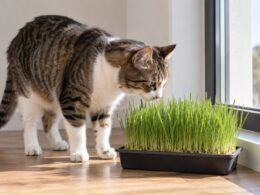 Gato doméstico adulto olfateando una bandeja estable de hierba de avena joven junto a una ventana