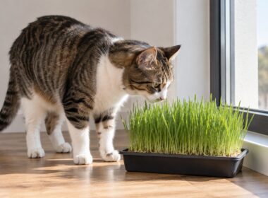 Gato doméstico adulto olfateando una bandeja estable de hierba de avena joven junto a una ventana