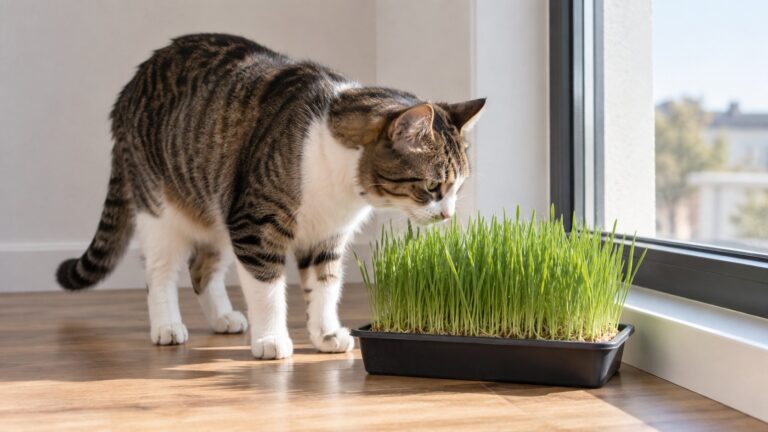 Gato doméstico adulto olfateando una bandeja estable de hierba de avena joven junto a una ventana